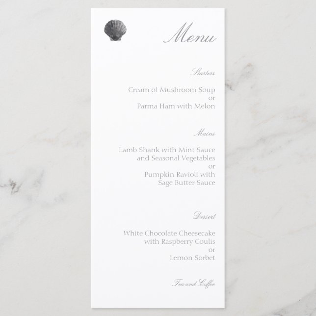 Minimal Watercolor Charcoal Shell Wedding Menu (Front)