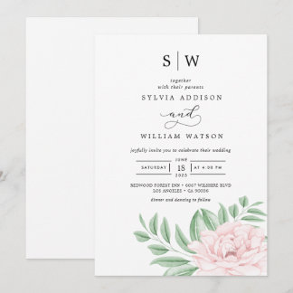 Minimal Watercolor Eucalyptus Blush Pink Wedding Invitation