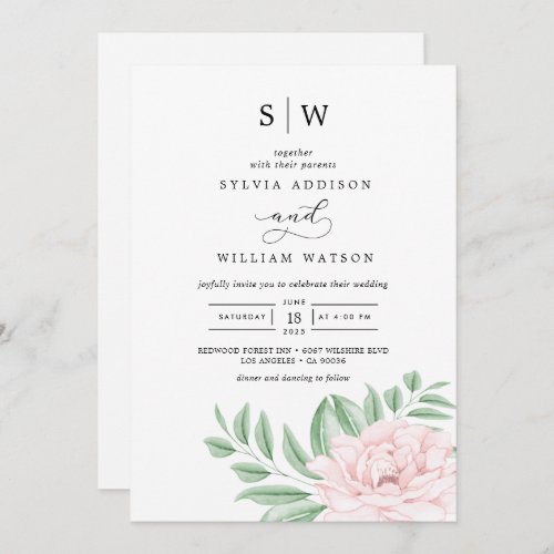 Minimal Watercolor Eucalyptus Blush Pink Wedding Invitation
