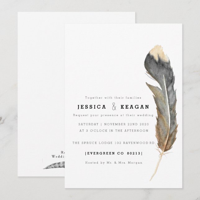 Minimal Watercolor Feather Rehearsal Dinner Invite (Front/Back)
