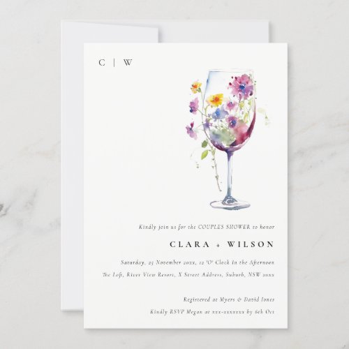 Minimal Watercolor Flora Wine Glass Coupler Shower Invitation