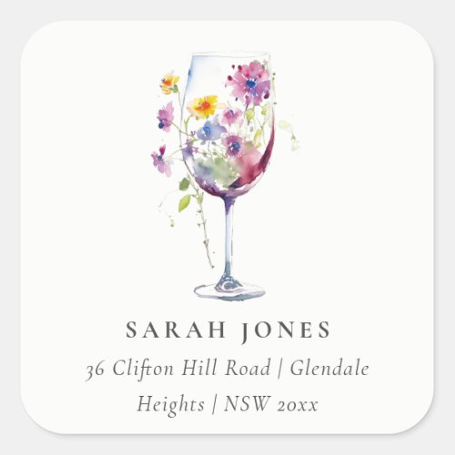 Minimal Watercolor Floral Wine Glass Address Square Sticker