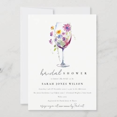 Minimal Watercolor Floral Wine Glass Bridal Shower Invitation