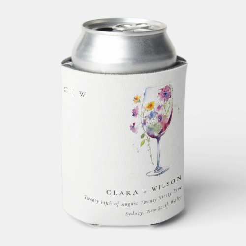 Minimal Watercolor Floral Wine Glass Wedding Can Cooler