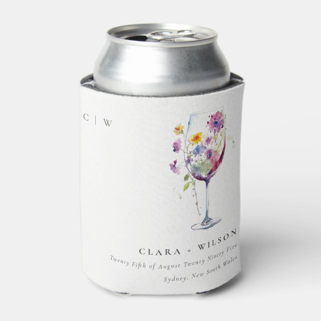 Minimal Watercolor Floral Wine Glass Wedding Can Cooler (Can Front)