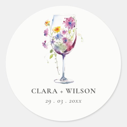 Minimal Watercolor Floral Wine Glass Wedding Classic Round Sticker