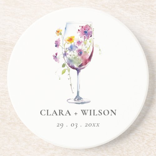 Minimal Watercolor Floral Wine Glass Wedding Coaster