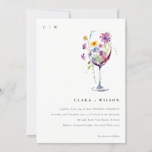 Minimal Watercolor Floral Wine Glass Wedding Invitation