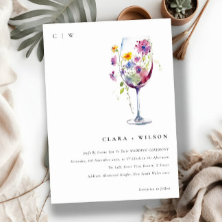 Minimal Watercolor Floral Wine Glass Wedding Invitation