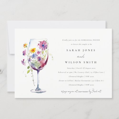 Minimal Watercolor Floral Wine Glass Wedding Invitation