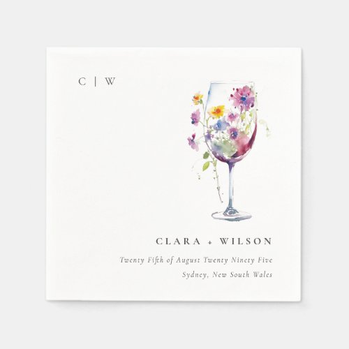 Minimal Watercolor Floral Wine Glass Wedding Napkins