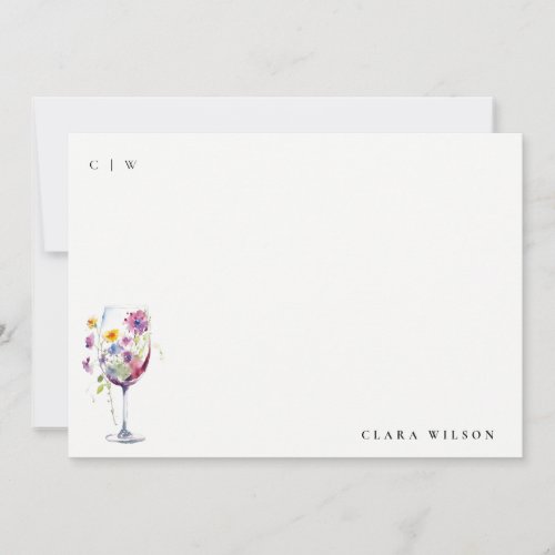 Minimal Watercolor Floral Wine Glass Wedding Note Card