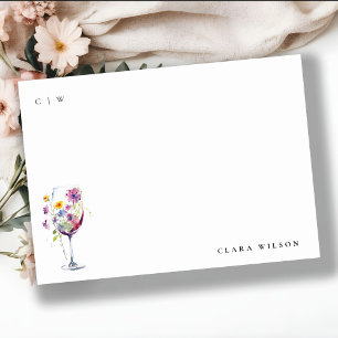Minimal Watercolor Floral Wine Glass Wedding Note Card