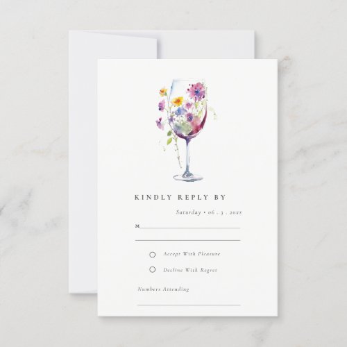 Minimal Watercolor Floral Wine Glass Wedding RSVP Card