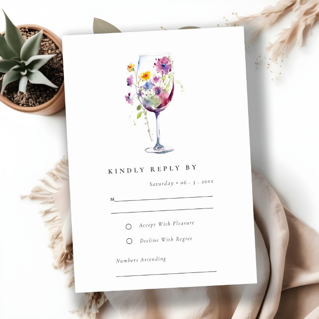 Minimal Watercolor Floral Wine Glass Wedding RSVP Card (Creator Uploaded)