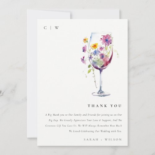 Minimal Watercolor Floral Wine Glass Wedding Thank You Card