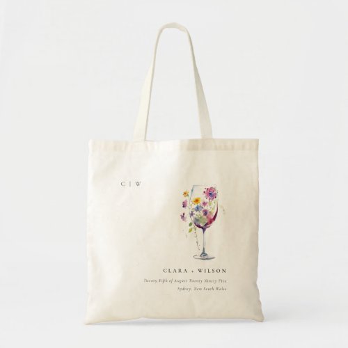 Minimal Watercolor Floral Wine Glass Wedding Tote Bag