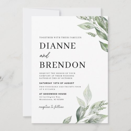 Minimal Watercolor Greenery Wedding Invitation