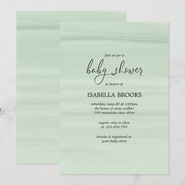 Minimal watercolor Mint green baby shower Invitation (Front/Back)