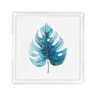 Minimal Watercolor Monstera Blue Leaf Acrylic Tray