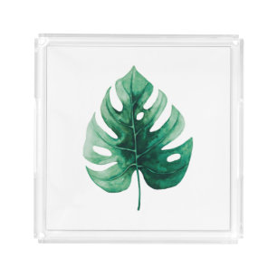 Minimal Watercolor Monstera Green Leaf Acrylic Tray