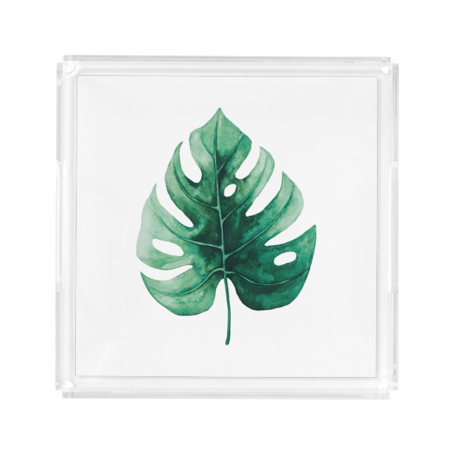 Minimal Watercolor Monstera Green Leaf Acrylic Tray (Front)