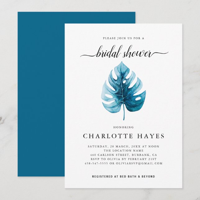 Minimal Watercolor Monstera Leaf  Bridal Shower Invitation (Front/Back)