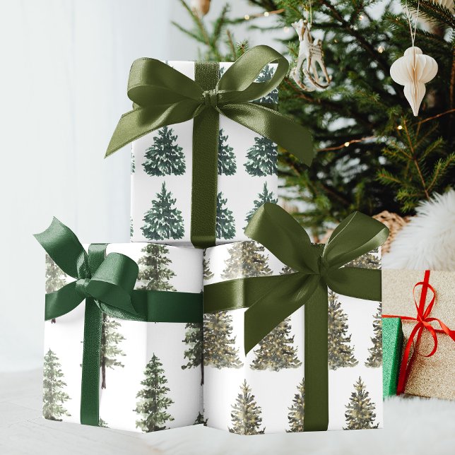 Minimal Watercolor Pine Tree Christmas Wrapping Paper Sheets (Creator Uploaded)