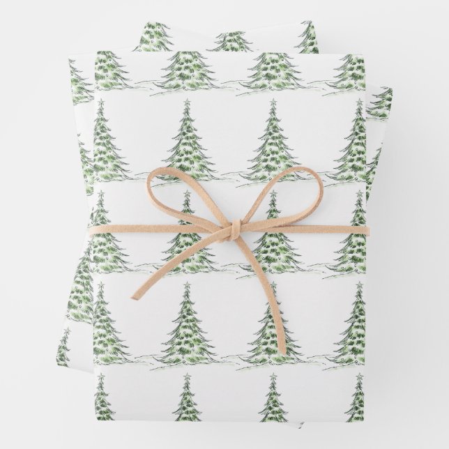 Minimal Watercolor Pine Tree Holiday Wrap Wrapping Paper Sheets (In situ)