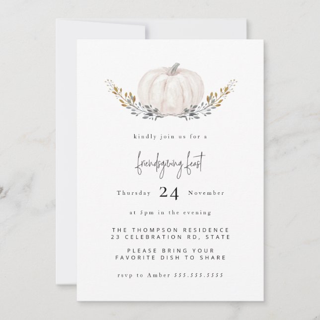 Minimal Watercolor Pumpkin Gold Leaf Friendsgiving Invitation (Front)