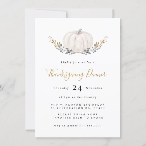 Minimal Watercolor Pumpkin Gold Thanksgiving  Invitation