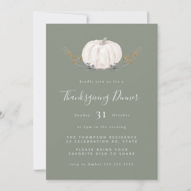 Minimal Watercolor Pumpkin Halloween Sage Green  I Invitation (Front)