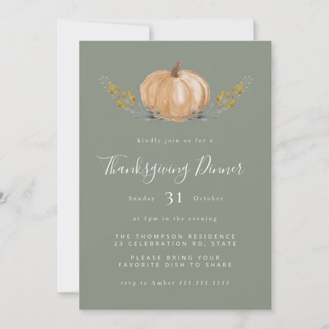 Minimal Watercolor Pumpkin Halloween Sage Green  Invitation (Front)