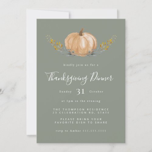 Minimal Watercolor Pumpkin Halloween Sage Green  Invitation