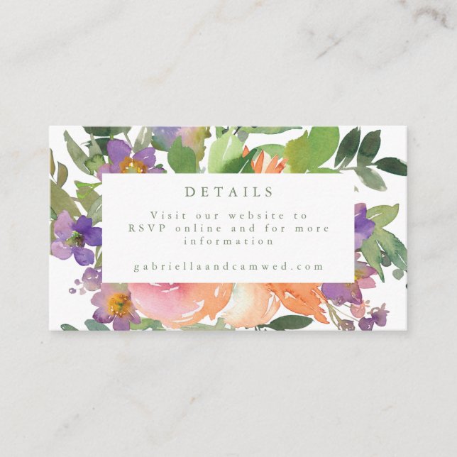 Minimal Watercolor Purple Floral Wedding Website Enclosure Card (Front)