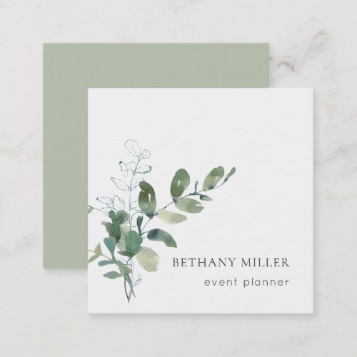 Minimal Watercolor Sage Green Greenery Square Business Card
