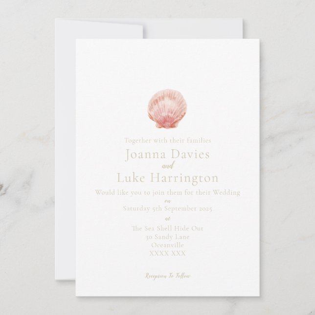 Minimal Watercolor Scallop Shell (Pink) Invitation (Front)