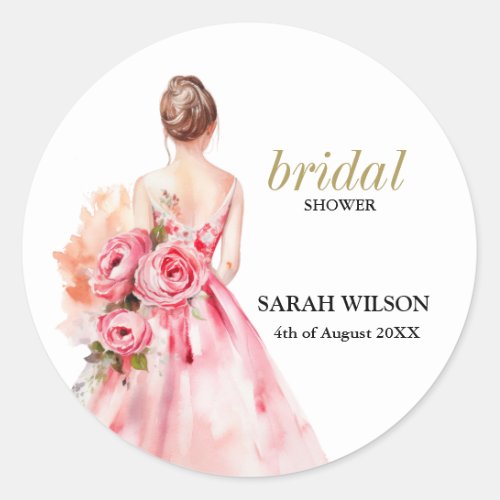 Minimal Watercolor Wedding Gown Bridal Shower  Classic Round Sticker