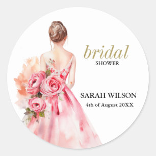 Minimal Watercolor Wedding Gown Bridal Shower Classic Round Sticker