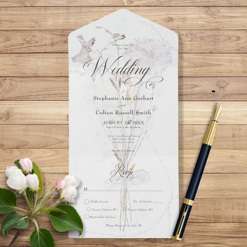 Minimal Watercolor Wildflowers Bouquet Dinner All In One Invitation