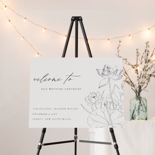 Minimal Waterlily Floral Sketch Wedding Welcome Foam Board (In Situ (Stand))