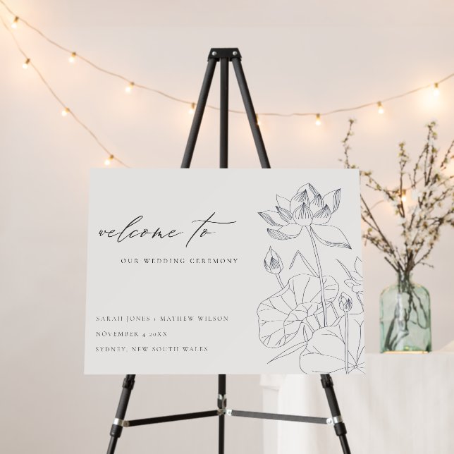 Minimal Waterlily Floral Sketch Wedding Welcome Foam Board (In Situ (Stand))