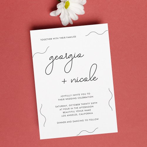 Minimal Wavy Lines Whimsical Script Names Wedding Invitation