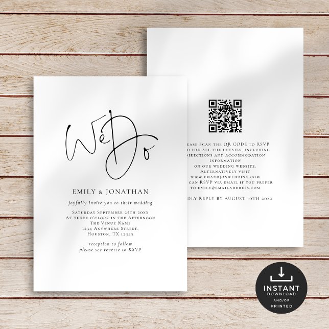 Minimal We Do Elegant Script Line QR Code Wedding Invitation (Front and back view)