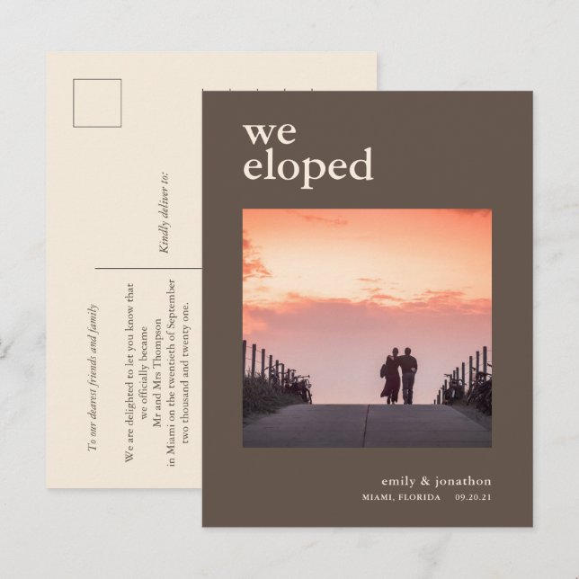 Minimal We Eloped Announcement Photo Brown Cream Postcard (Front/Back)