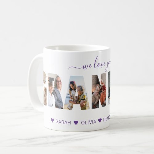 Minimal We Love You Grandma Photo Collage Purple Coffee Mug
