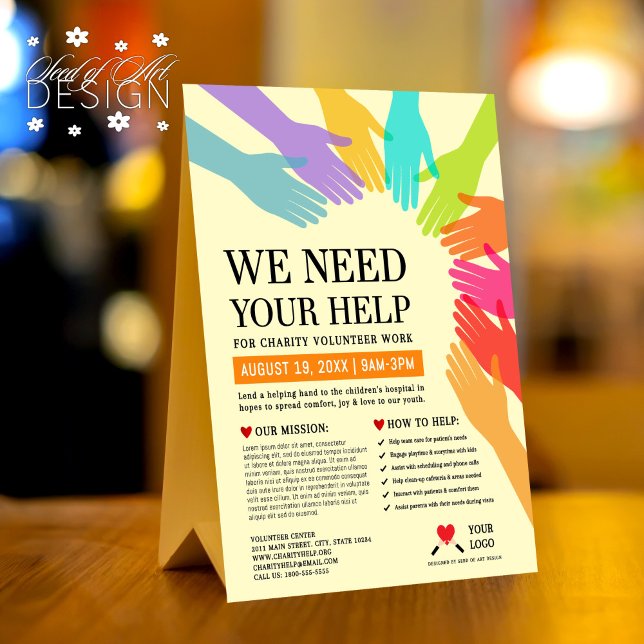 Minimal We Need Your Help Charity Volunteer Ad Table Tent (Creator Uploaded)