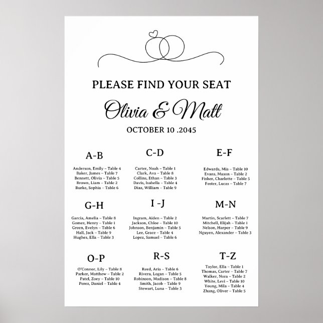 Minimal Wedding Alphabetical Seating Chart Poster (Front)
