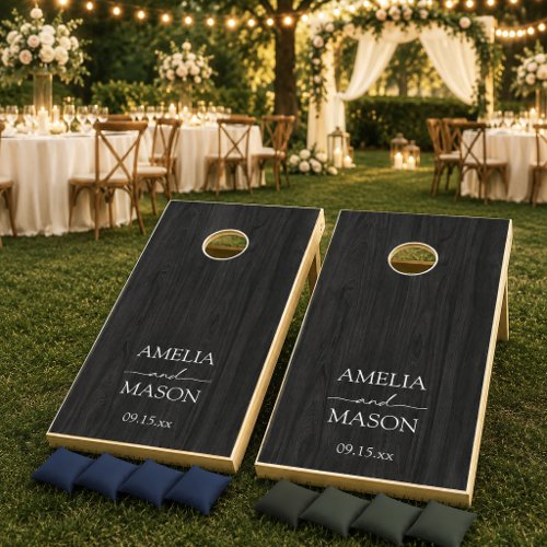Minimal Wedding Black Wood Bride and Groom Cornhole Set