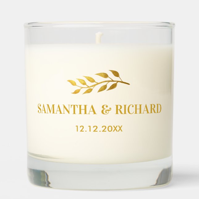 Minimal Wedding Gold Leaves Names Thank You Scented Candle (Front)
